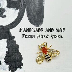 Bee Brooch with Natural Red Agate Gold Tone Crystal Bee Pin Gift for Her
